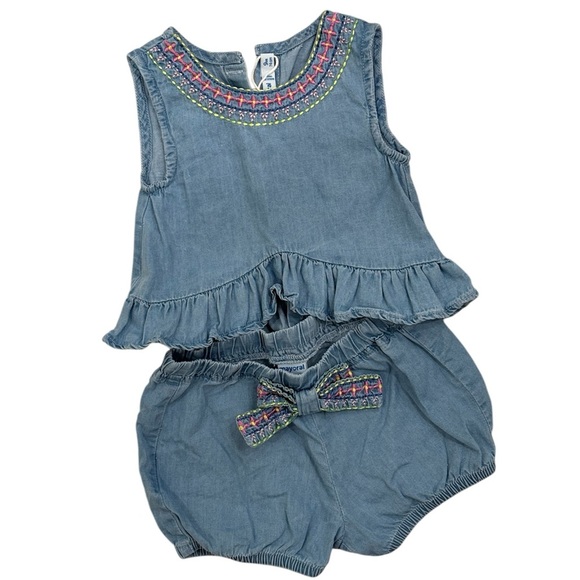 Mayoral Chambray Denim Bubble Summer Play Set Embroidered Bow Sleeveless Top - Picture 1 of 7